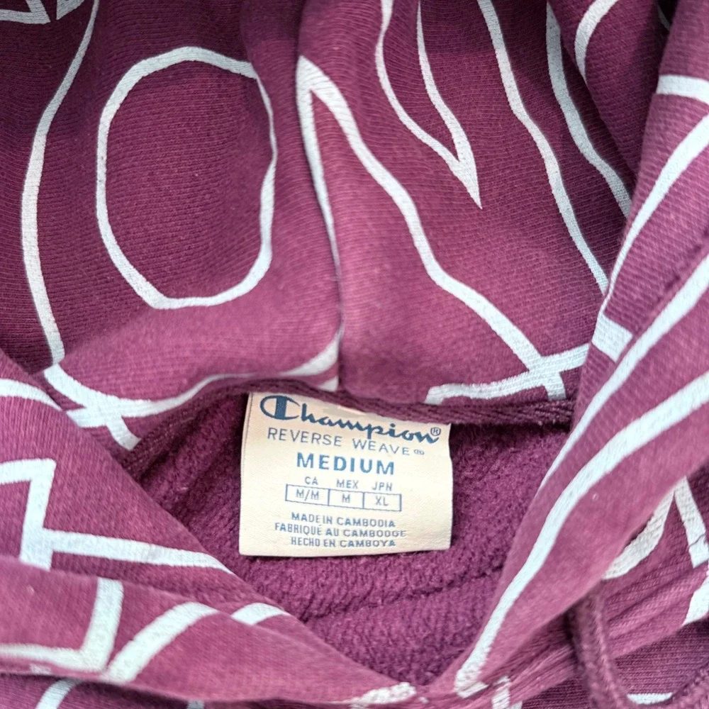 Champion Reverse Weave All Over Logo Hoodie Sweatshirt Pullover Purple Medium - Picture 5 of 7